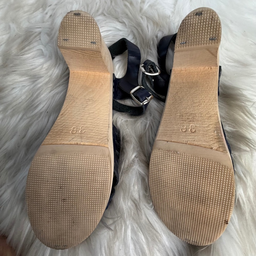 Maguba Rio Navy Blue Leather Woven Clog Sandals Wood Block Heel Size 38 - Picture 7 of 7